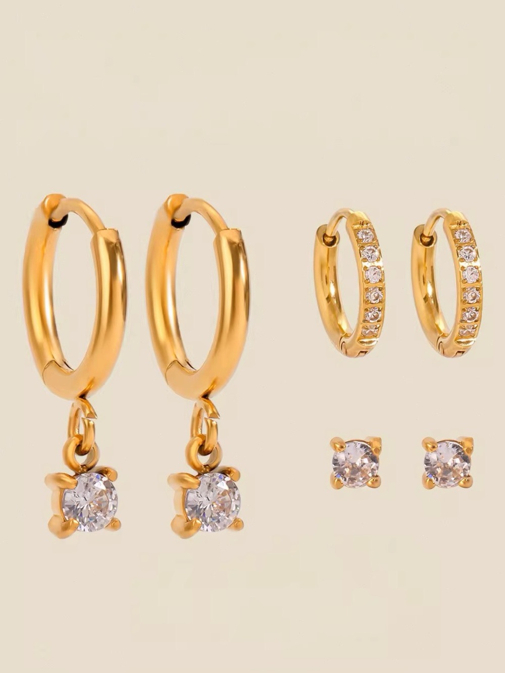 3 Pairs | 18K Gold Plated Cubic Zirconia Earring Set